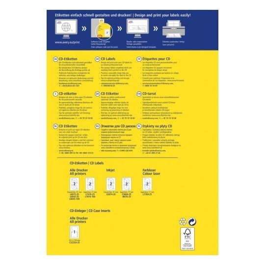 CD/DVD-etiketter Avery Ø117 mm hvite, for laserskriver - (25 ark x 2 stk.)