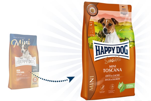 Happy Dog Sensible Mini Toscana 4 kg, Aikuinen, Kaikille roduille, Pieni (5 - 10 kg), Ankka, Lohi, 4 kg, Gluteeniton