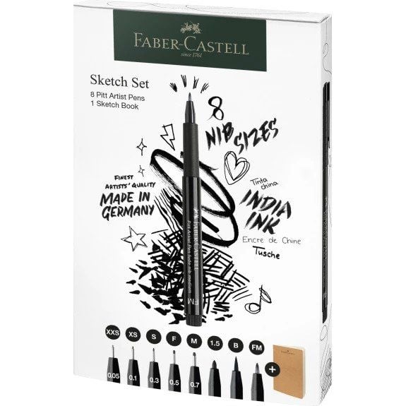 Faber-Castell Pitt Artist pen, med 8 stk. ass. størrelser + sketchbook