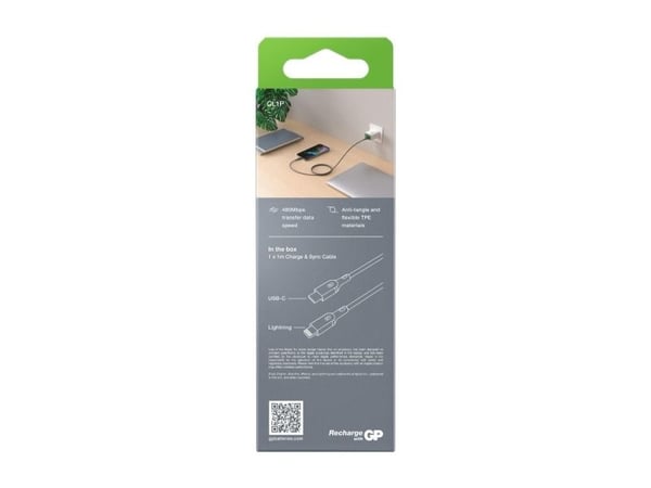 GP Batteries CL1P, 1 m, Lightning, USB C, Hankoppling, Hankoppling, Grå