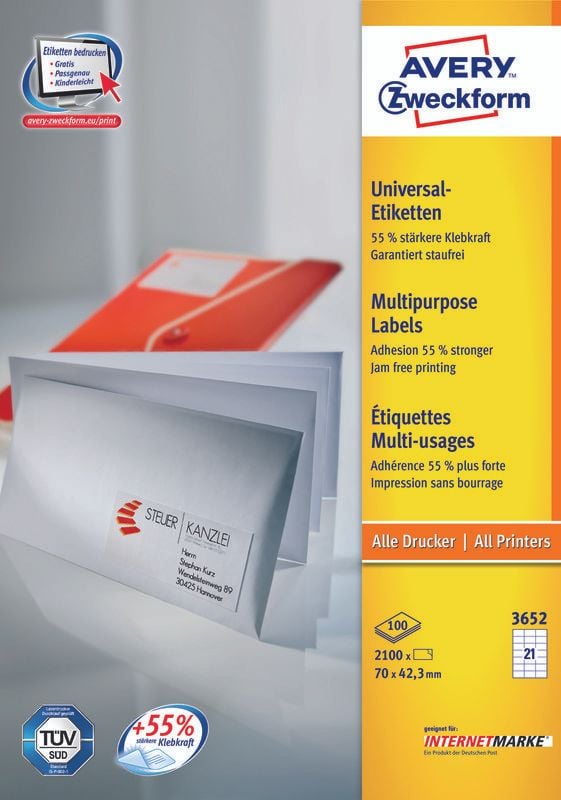 Avery 3652Z, Valkoinen, Suorakulmio, 70 x 42,3, 2100 kpl, 100 arkkia