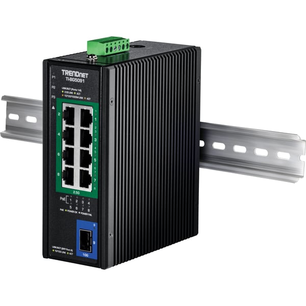 TRENDnet TI-BG5091 - Version v1.0R - switch - industriell - 8 x 10/100/1000/2.5G (PoE++) + 1 x 1 Gigabit / 10 Gigabit SFP+ - DIN-skinnemonterbar, v...