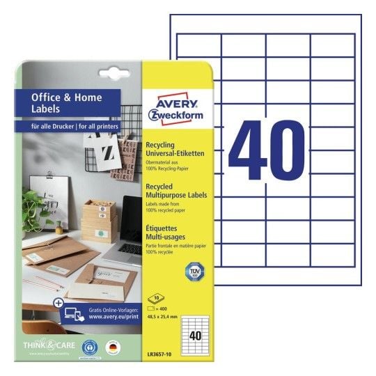 Avery LR3657-10, Hvit, Selvklebende skriveretikett, A4, Papir, Laser/Blekkskriver, Permanent