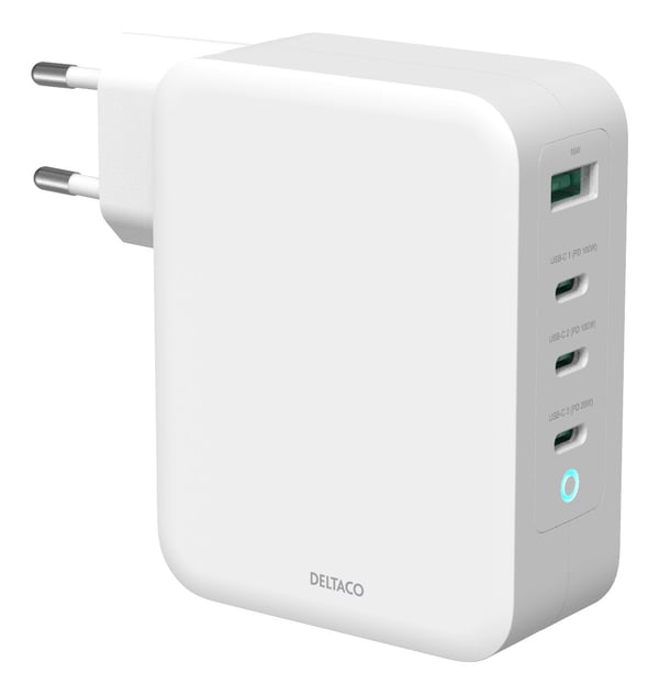 DELTACO USBC-GAN04 - Strømadapter - GaN-teknologi - 130 watt - PD - 4 utgangskontakter (USB-C, USB) - hvit