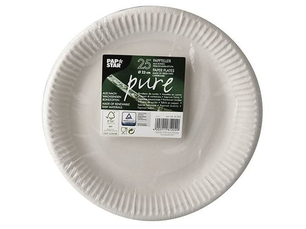PAPSTAR paperilautaset "pure", pyöreät, 230 mm, valkoinen, 25 kpl, 100 % neitseellisestä kuitukartongista, elintarviketurvallinen, kompostoituva - ...