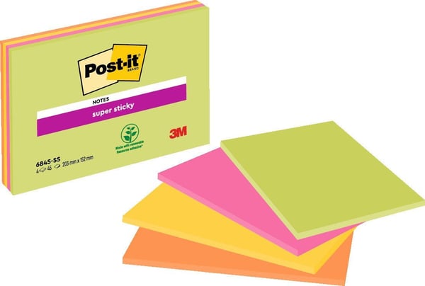 Post-it Super Sticky 6845-SS - Klistrelapper - large - 152 x 203 mm - 180 ark (4 x 45) - grønn, oransje, rosa, gul