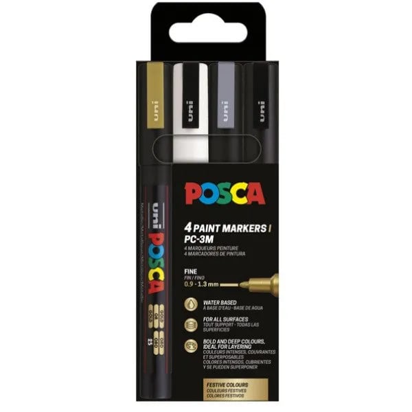 POSCA PC-3M 4st (Guld,Vit,Silver,Svart)
