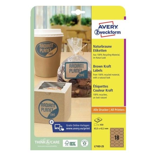 Avery L7103-25, Brun, Oval, Permanent, 63.5 x 42.3 mm, A4, Papir
