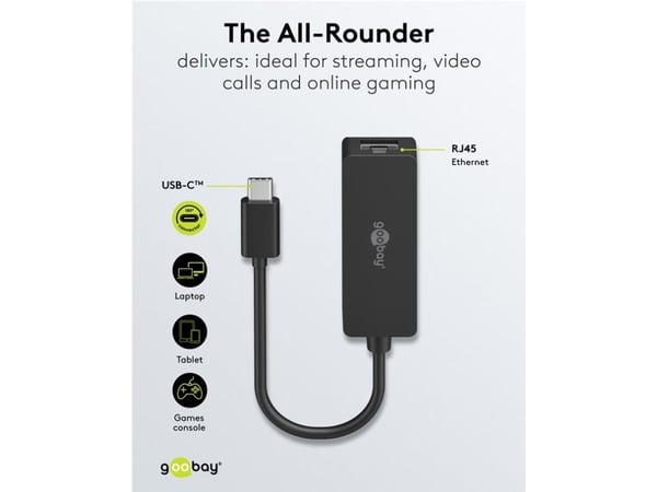 Goobay 76579, USB-C, RJ-45, 0,1 m, Svart