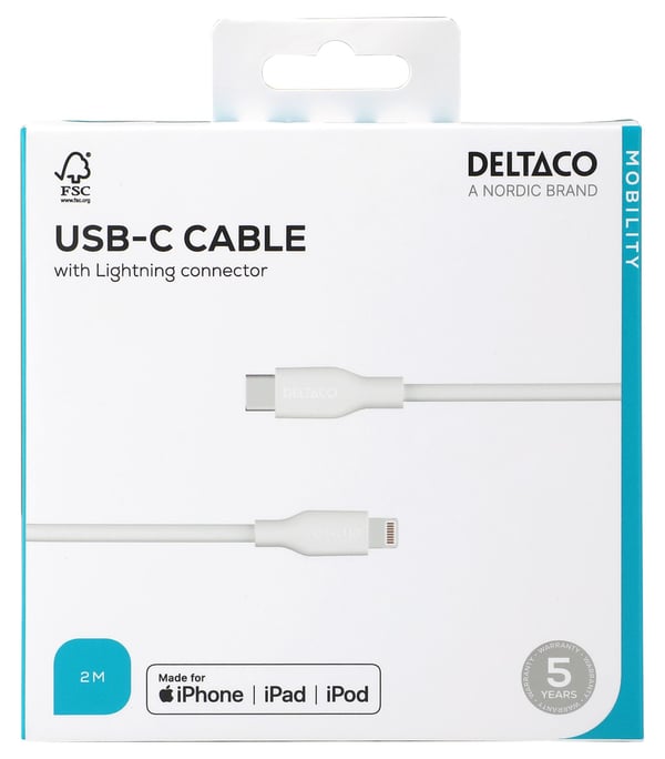 DELTACO - Lightning-kabel - USB-C hann til Lightning hann - 2 m - MFI-sertifisert - hvit