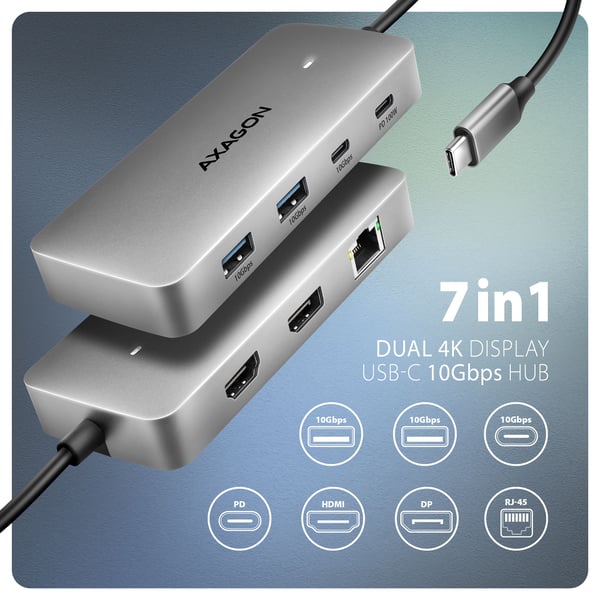AXAGON HMC-CUB83X2 USB-C-hub 10Gbps 7-i-1 HDMI 4K/144Hz PD 100W
