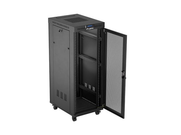Lanberg FF01 series - Rack skap - 600 x 800, flat pack, with mesh door, LCD - med LCD-skjerm, termostat, 4 kjølevifter - fritt stående, står på gul...