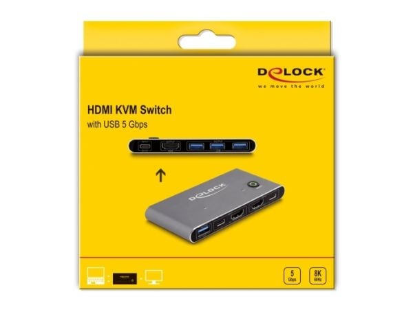 Delock - KVM / lyd / USB-svitsj - HDMI 8K60, with USB 5 Gbps - 5 x KVM/lyd/USB - 1 lokalbruker - stasjonær
