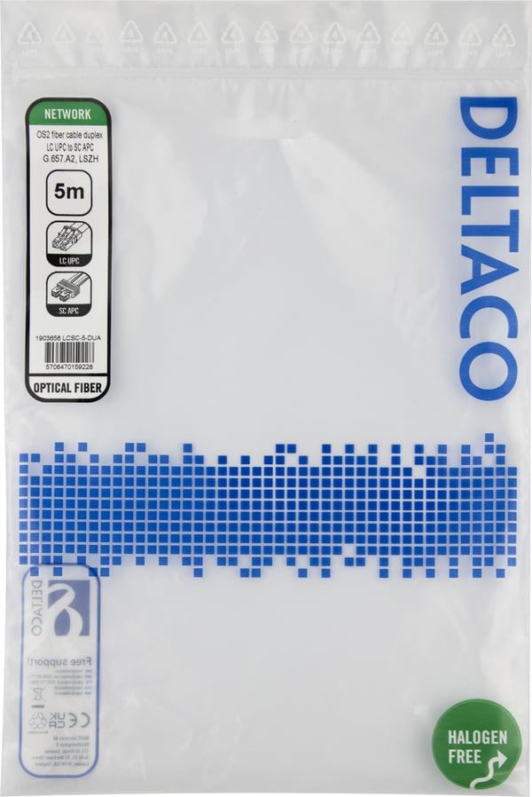 DELTACO - Patch-kabel - LC/UPC (hane) till SC/APC (hane) - 5 m - 5 m - fiberoptisk - duplex - G.657.A2/OS2 - halogenfri, dubbelriktad - gul