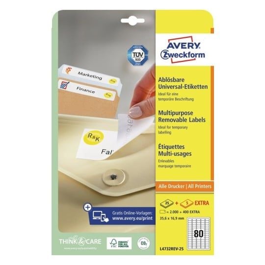 Avery - Fjernbart adhesiv - hvit - 35.6 x 16.9 mm 2000 etikett(er) (25 ark x 80) merkelapper