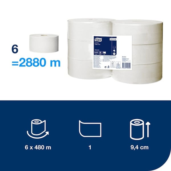 Toalettpapper Tork T1 Jumbo Universal 1-lagers vitt - (6 rullar per kartong)