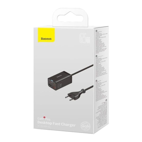 Baseus GaN3 Pro CCGP040101 vegglader 65W 2x USB-C PD, 2x USB-A, svart