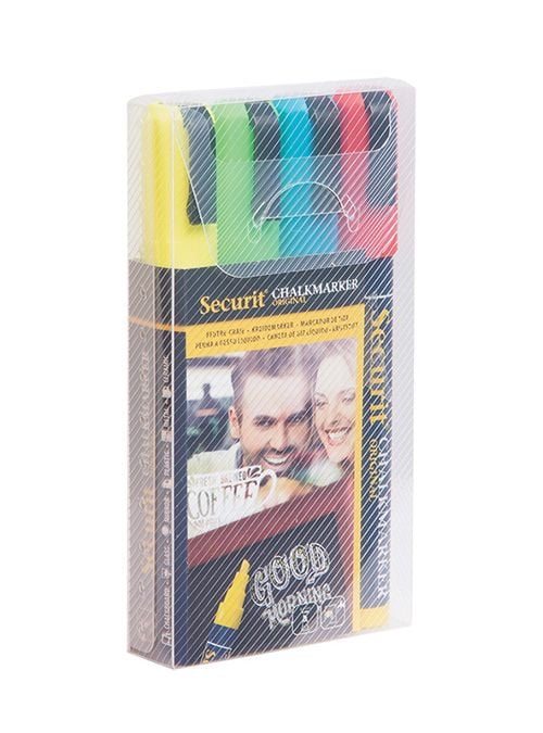 Securit 4 Pieces Liquid Chalk Marker Wallet Pack, Blue/Red/Green/White, Medium 2-6mm Nib, 4 pc, Blå, Grønn, Rød, Gult, Meisel, Luktfri, 4 stykker