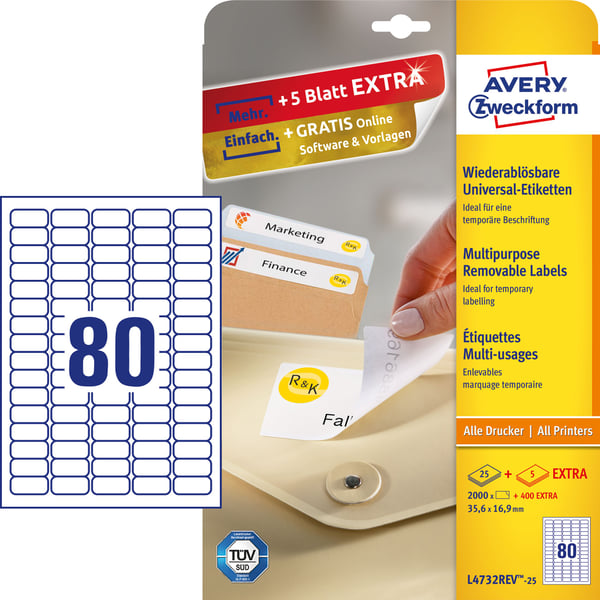 Avery L4732REV-25, Valkoinen, A4, Paperi, Laser/Inkjet, Irroitettava, FSC Mix Credit