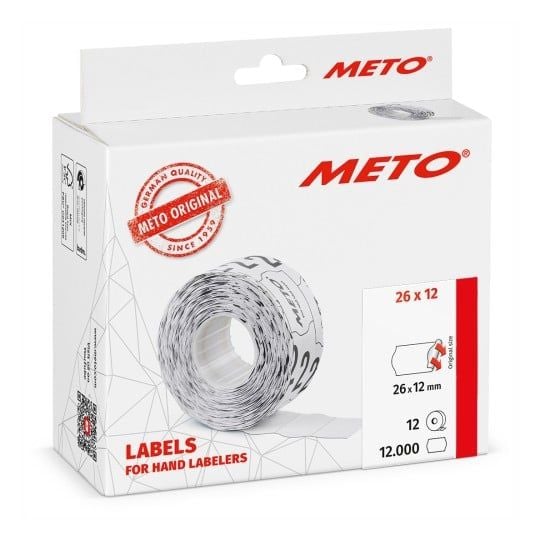 Hintalappu METO 26x12mm valkoinen, pysyvästi liimautuva - (12 rullaa x 1 000 kpl)