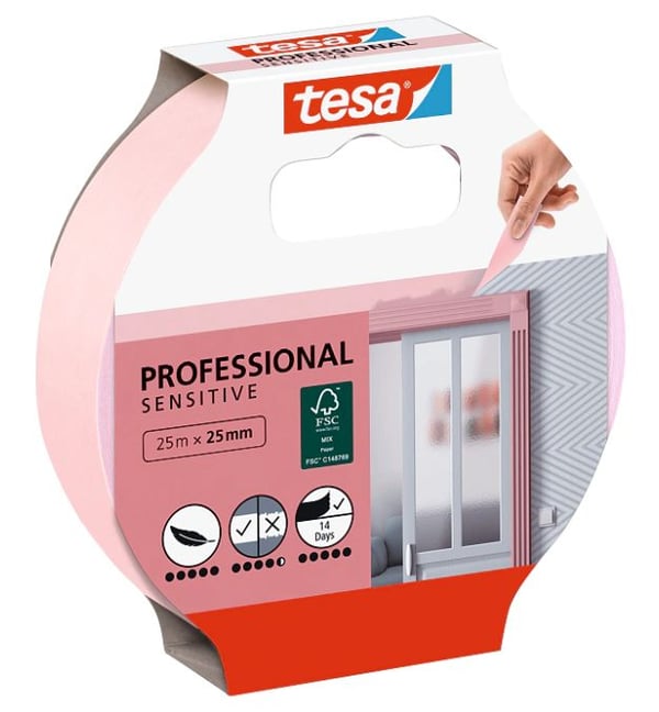 TESA 56260, Maskeringstejp för målning, papper, Rosa, Slät, Akrylfärg, Alkydfärg, Latexfärg, 7 dagar