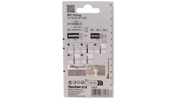 Fischer 83628, Kit med skruv och väggplugg, Tegel, Betong, Nylon, Grå, Rostfritt stål, Pozidriv