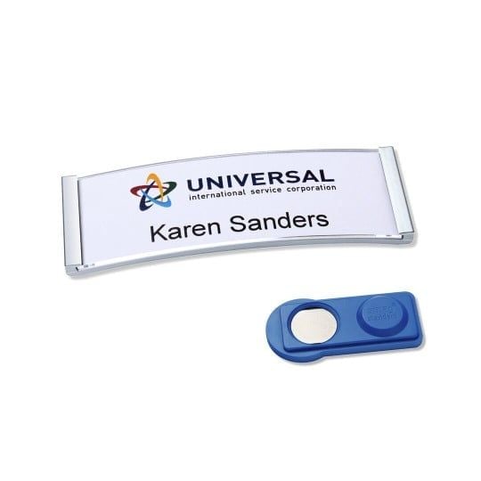 Navneskilt Badgepoint® 68x22 mm, Polar® Classic 20 Medarbejderskiltesæt, skilte med rustfri stålramme, akrylglas og printbare indstik - 5 skilte in...