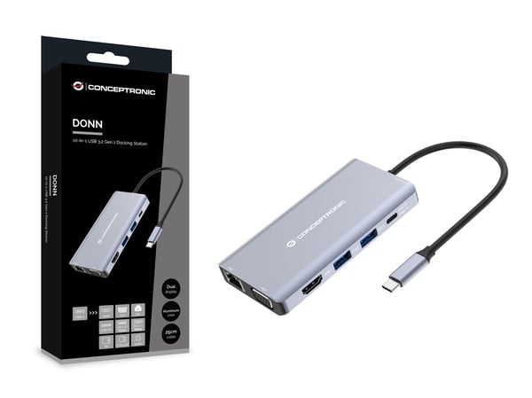 Conceptronic DONN20G, Koblet med ledninger (ikke trådløs), USB 3.2 Gen 1 (3.1 Gen 1) Type-C, 100 W, 3,5 mm, 10,100,1000 Mbit/s, Grå