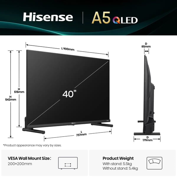 Hisense 40A5Q, 101,6 cm (40"), 1920 x 1080 pikseliä, QLED, Smart TV, Wi-Fi, Lajittelu