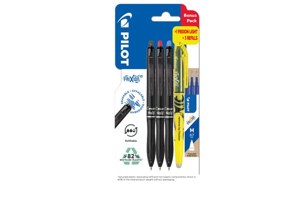 Pilot FriXion Clicker 0,7 mm bonuspakke med 3 stk. assorterte farger - inkl. merkepenn og 3 refiller