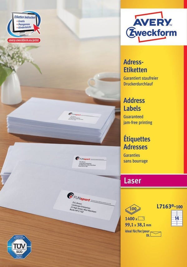 Avery L7163-100, Valkoinen, Pyöristetty suorakulmio, Kiinteä, DIN A4, Paperi, Laser