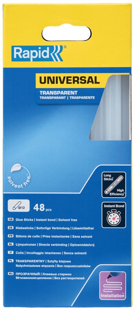 Rapid 12 mm Transparente limstifter for universal bruk, 48 stykker, Boks, 880 g, 73 mm, 212 mm, 100 mm