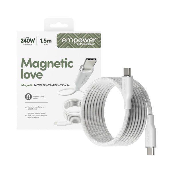 empower by PanzerGlass Magnetic 240 W USB-C–USB-C-kaapeli | USB 2.0 | 1,5 m | hopeanvalkoinen