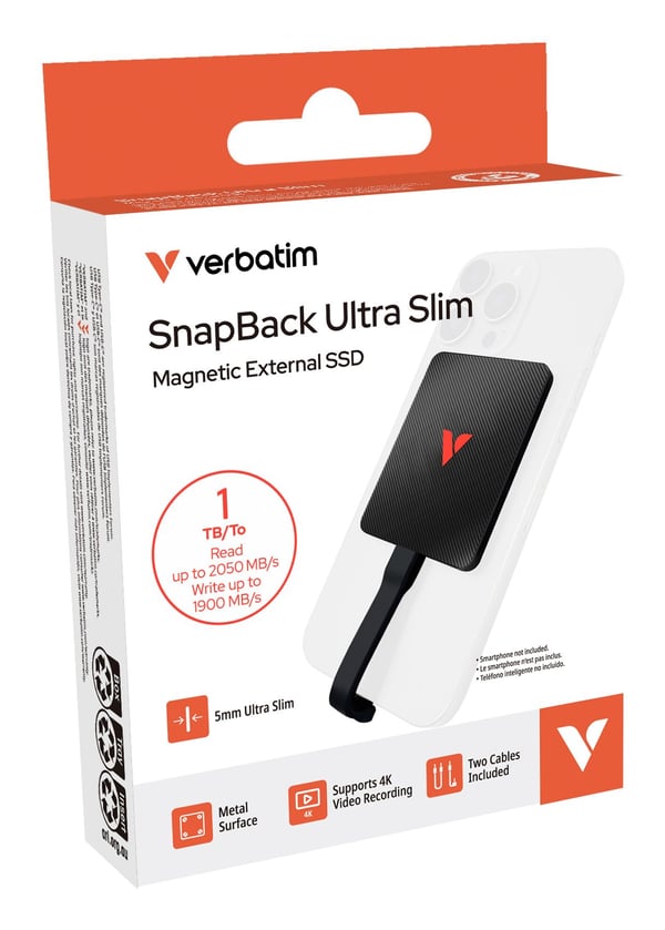 Verbatim SnapBack ulkoinen SSD 1 TB Ultra Slim 2050 MB/s USB 3.2 Gen 2x2, musta