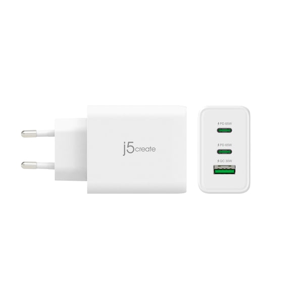 j5create - Strømadapter - GaN-teknologi - 65 watt - 4.5 A - PD 3.0, QC 3.0 - 3 utgangskontakter (2 x USB-C, USB-type A) - hvit - Den europeiske union