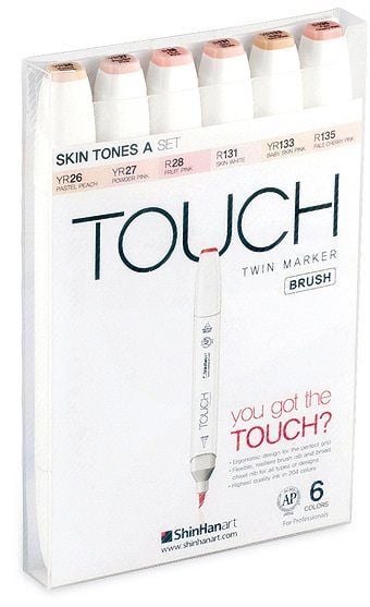 Touch Brush Marker 6stk hudfarver, pensel + medium kantet spids - Perfekt til Cozy coloring