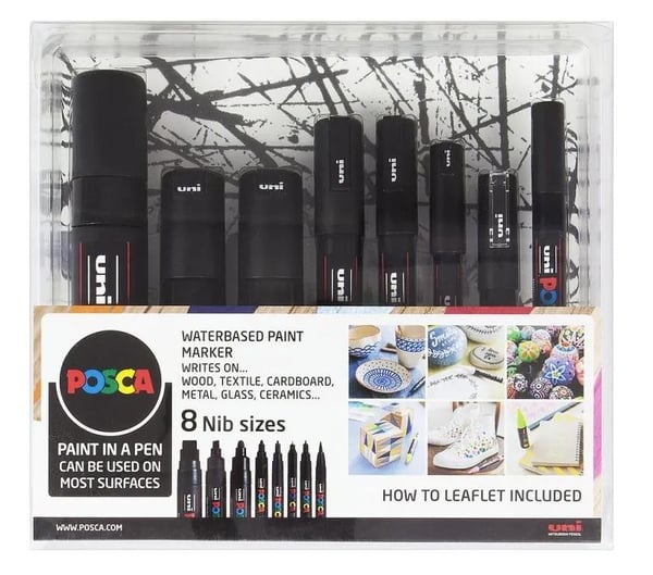Marker Uni Posca Black Set - med 8 ass. størrelser