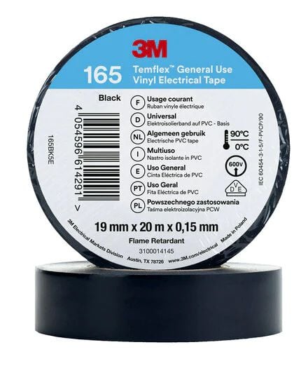 TemflexTM el vinyltape 165 sort 19 mm x 20 m - (3 ruller)