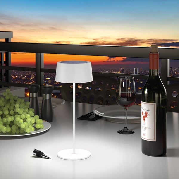 RealPower LED solar bordlampe dimbar med batteri, baltas