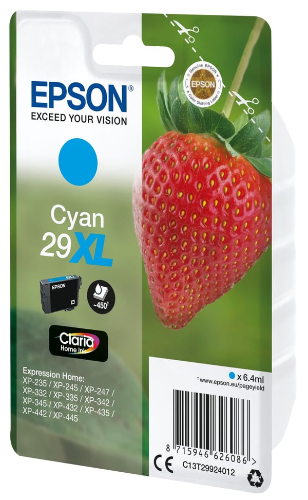 Epson 29XL - 6.4 ml - XL - cyan - original - blære med RF/lyd-alarm - blekkpatron - for Expression Home XP-235, 245, 247, 255, 332, 335, 342, 345, ...