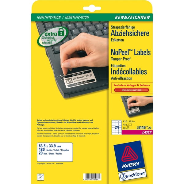 Etiketter Avery 63,5x33,9 mm hvid med NoPeel™ - (20 ark x 24 stk.)