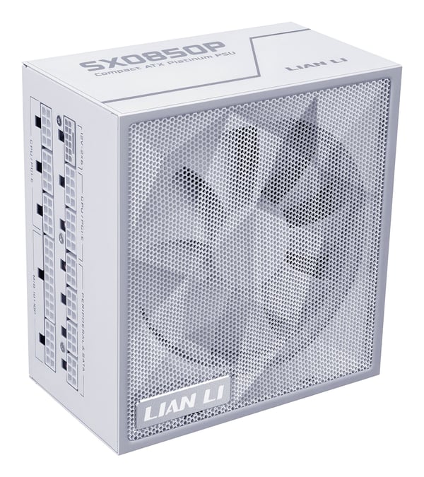 Lian Li SX Series 80 PLUS Platinum PSU, täysin modulaarinen, PCIe 5.1, ATX 3.1 - 850 Watt, valkoinen