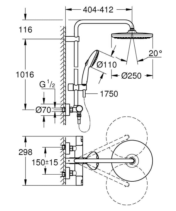Grohe Vitalio Start System 250 Suihkujärjestelmä termostaatilla seinäkiinnitykseen - kromi