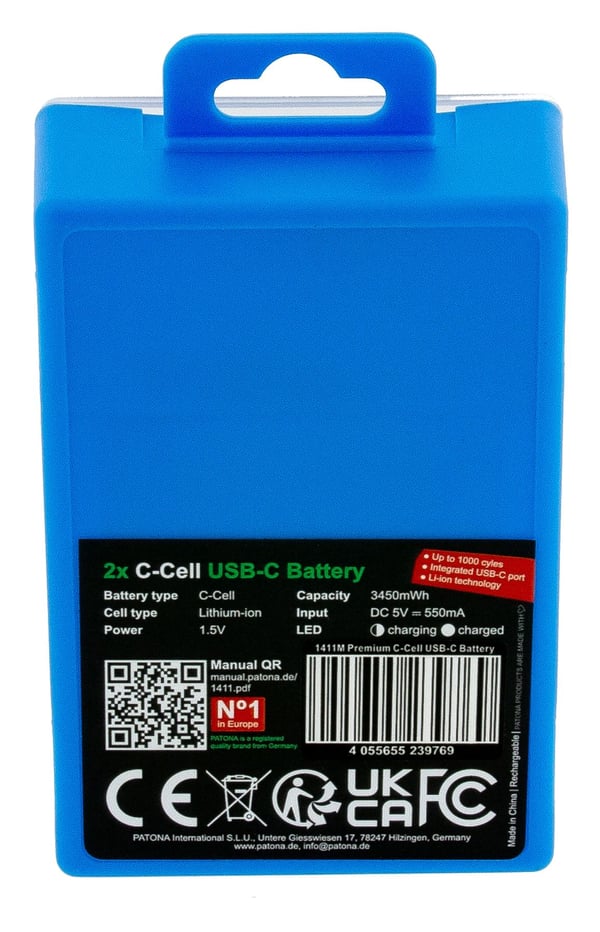 PATONA LR14, Oppladbart batteri, LR14, Lithium, 2 stykker, 550 mAh, Sort