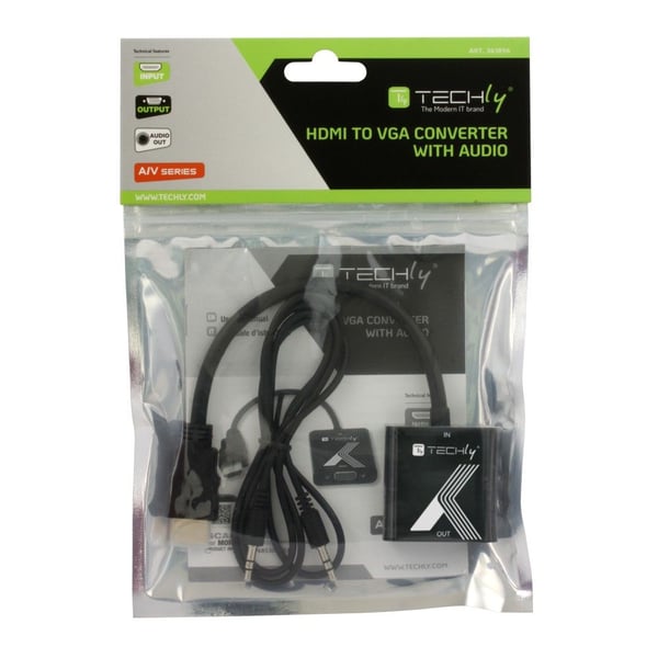 Techly IDATA HDMI-VGA2AP, musta, 0,1 m, CE, FCC, RoHS, 1920 x 1200 pikseliä, 480p, 576p, 720p, 1080p, 8 bittiä