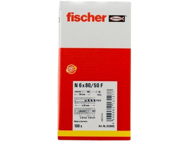 Fischer 513842, Ruuvi- ja seinätulppasarja, Tiili, Betoni, Phillips-ruuvimeisseli, PZ2, 80 mm, 6 mm