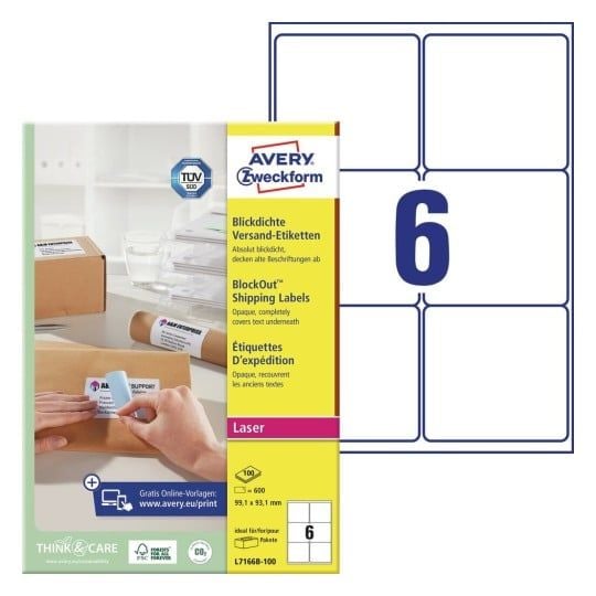 Shippingetiketter Avery 99,1x93,1 mm hvid med BlockOut™ - (100 ark x 6 stk.) Shippingetiketter Avery 99,1x93,1 mm hvid med BlockOut™ - (100 ark x 6 stk.)