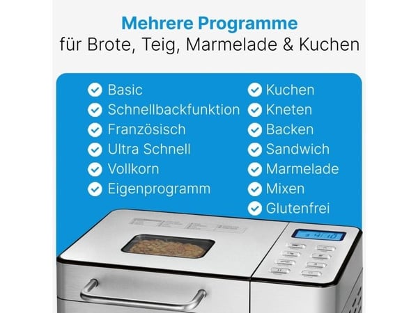 ProfiCook PC-BBA 1282, 1,5 kg, Fördröjd start timer, Tittfönster, Timer, Kontroll av färg på skorpan, Hålla sig varm funktion