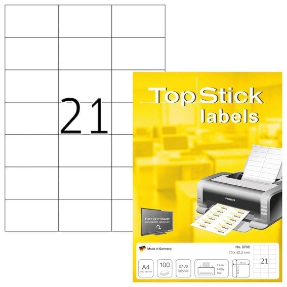 Etiketter TopStick 70x42,3 mm hvid - (100 ark x 21 stk.)