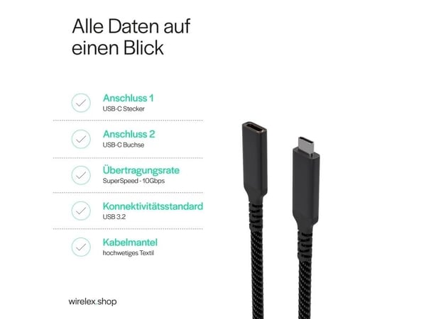 USB-C-forlengelseskabel USB-C >USB-C-kontakt 3.2 PD tekstil 0,5 m